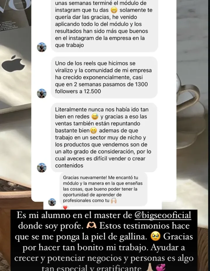 Mensaje real de una alumna del Máster de Marketing Digital de BigSEO